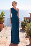 Vestido formal longo de um ombro azul pavão com bainha franzida