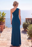 Vestido formal longo de um ombro azul pavão com bainha franzida