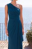Vestido formal longo de um ombro azul pavão com bainha franzida