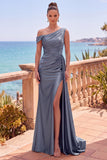 Vestido formal longo assimétrico de sereia assimétrica azul-marinho com fita lateral