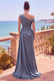 Vestido formal longo assimétrico de sereia assimétrica azul-marinho com fita lateral