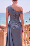 Vestido formal longo assimétrico de sereia assimétrica azul-marinho com fita lateral
