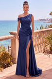 Vestido formal longo assimétrico de sereia assimétrica azul-marinho com fita lateral