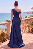 Vestido formal longo assimétrico de sereia assimétrica azul-marinho com fita lateral