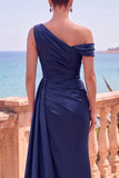 Vestido formal longo assimétrico de sereia assimétrica azul-marinho com fita lateral