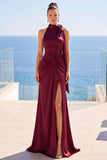 Vestido formal longo de decote alto com decote alto e franzado, com laço
