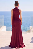 Vestido formal longo de decote alto com decote alto e franzado, com laço