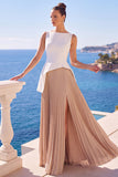 Vestido formal longo de gola bateau, pregueado em linha A e pregue, branco e champanhe