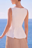 Vestido formal longo de gola bateau, pregueado em linha A e pregue, branco e champanhe