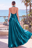Vestido formal longo de cetim em linha A metálica em linha A em linha A champanhe