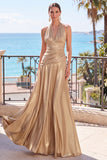 Vestido formal longo de cetim em linha A metálica em linha A em linha A champanhe