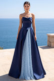 Vestido formal longo A-Line Espartilho Azul-Marinho Sem Alças