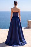 Vestido formal longo A-Line Espartilho Azul-Marinho Sem Alças