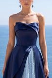 Vestido formal longo A-Line Espartilho Azul-Marinho Sem Alças