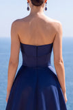 Vestido formal longo A-Line Espartilho Azul-Marinho Sem Alças