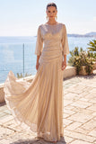 Vestido formal longo de manga meia-linha franzido em linha A com champanhe