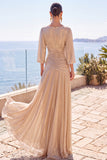 Vestido formal longo de manga meia-linha franzido em linha A com champanhe