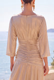 Vestido formal longo de manga meia-linha franzido em linha A com champanhe