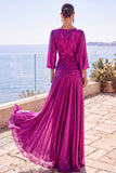 Vestido formal longo de manga meia-linha franzido em linha A com champanhe