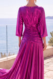 Vestido formal longo de manga meia-linha franzido em linha A com champanhe