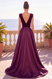 Vestido formal longo sem costas em veludo de decote em V, decote em V e fenda