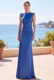 Vestido formal longo com missangas azuis com bainha franzida