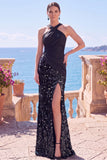 Alças cruzadas pretas com alças cruzadas, lantejoulas, vestido formal longo de sereia com fenda