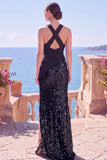 Alças cruzadas pretas com alças cruzadas, lantejoulas, vestido formal longo de sereia com fenda