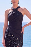 Alças cruzadas pretas com alças cruzadas, lantejoulas, vestido formal longo de sereia com fenda