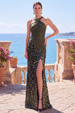 Alças cruzadas pretas com alças cruzadas, lantejoulas, vestido formal longo de sereia com fenda