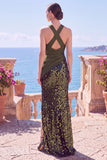 Alças cruzadas pretas com alças cruzadas, lantejoulas, vestido formal longo de sereia com fenda