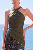 Alças cruzadas pretas com alças cruzadas, lantejoulas, vestido formal longo de sereia com fenda