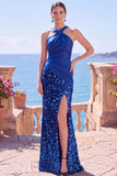 Alças cruzadas pretas com alças cruzadas, lantejoulas, vestido formal longo de sereia com fenda
