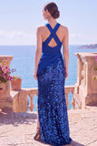 Alças cruzadas pretas com alças cruzadas, lantejoulas, vestido formal longo de sereia com fenda