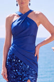 Alças cruzadas pretas com alças cruzadas, lantejoulas, vestido formal longo de sereia com fenda