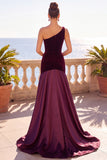 Vestido maxi franzido de veludo sereia de veludo de um ombro Borgonha
