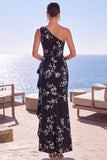 Jacquard floral de um ombro azul, vestido formal longo com fenda