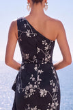 Jacquard floral de um ombro azul, vestido formal longo com fenda