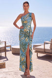 Jacquard floral de um ombro azul, vestido formal longo com fenda