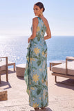 Jacquard floral de um ombro azul, vestido formal longo com fenda