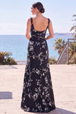 Vestido formal longo com decote quadrado, jacquard floral azul com decote quadrado e fenda