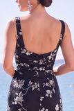 Vestido formal longo com decote quadrado, jacquard floral azul com decote quadrado e fenda
