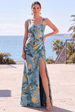 Vestido formal longo com decote quadrado, jacquard floral azul com decote quadrado e fenda