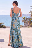 Vestido formal longo com decote quadrado, jacquard floral azul com decote quadrado e fenda