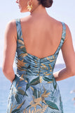 Vestido formal longo com decote quadrado, jacquard floral azul com decote quadrado e fenda