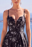Jacquard Floral Azul Linha A Longo Vestido Formal com Fenda