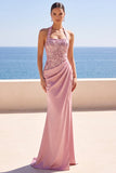 Blush Decote Halter Lantejoulas Bordado Vestido Formal Longo Sereia Franzido