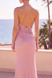 Blush Decote Halter Lantejoulas Bordado Vestido Formal Longo Sereia Franzido