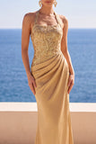 Blush Decote Halter Lantejoulas Bordado Vestido Formal Longo Sereia Franzido
