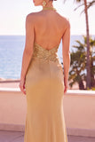 Blush Decote Halter Lantejoulas Bordado Vestido Formal Longo Sereia Franzido